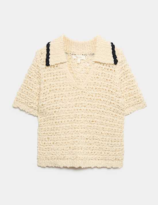 Textured Collared Short Sleeve Knitted Polo With Wool