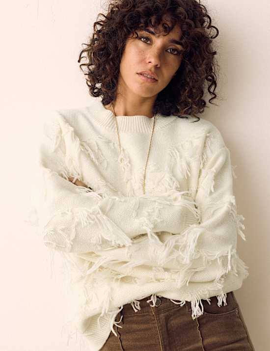 Fringe Detail Relaxed Jumper with Wool