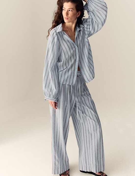 Linen Blend Striped Drawstring Wide Leg Trousers