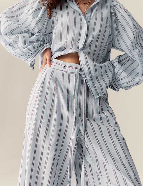 Linen Blend Striped Drawstring Wide Leg Trousers