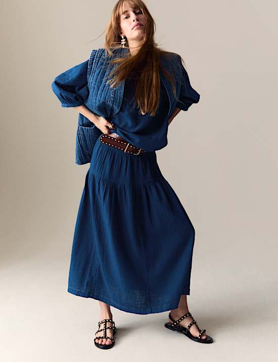 חצאית מדורגת מכותנה טהורה באורך מידקסי