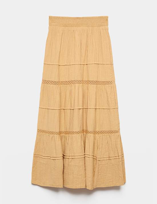 Lace Detail Pintuck Maxi Tiered Skirt