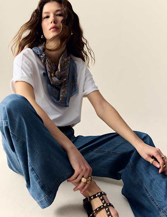 Jean taille haute coupe large à pli devant