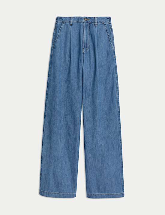 Denim High Waisted Pleat Front Wide Leg Jeans