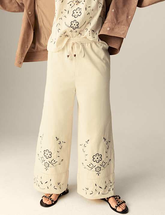 Pure Cotton Embroidered Drawstring Wide Leg Trousers