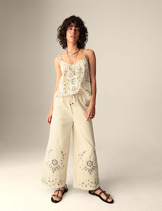Pure Cotton Embroidered Drawstring Wide Leg Trousers