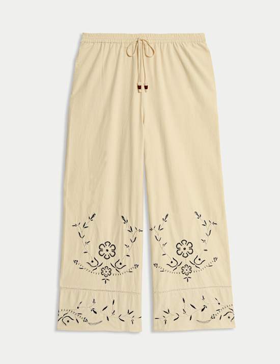Pure Cotton Embroidered Drawstring Wide Leg Trousers