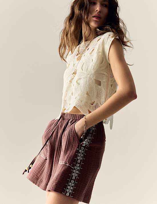 Pure Cotton Embroidered Triple Cloth Shorts