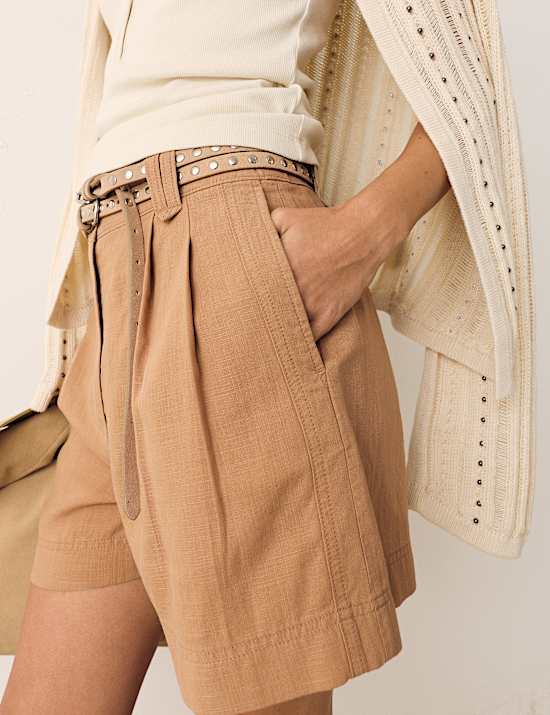 Linen Blend High Waisted Pleat Front Shorts