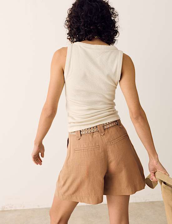 Linen Blend High Waisted Pleat Front Shorts