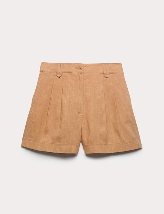 Linen Blend High Waisted Pleat Front Shorts