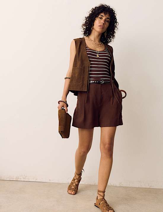 Linen Blend High Waisted Pleat Front Shorts