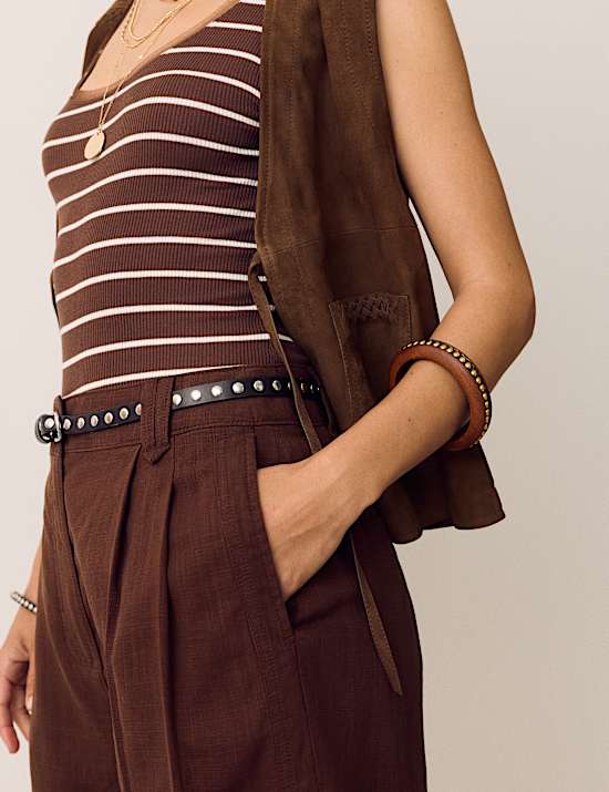 Linen Blend High Waisted Pleat Front Shorts