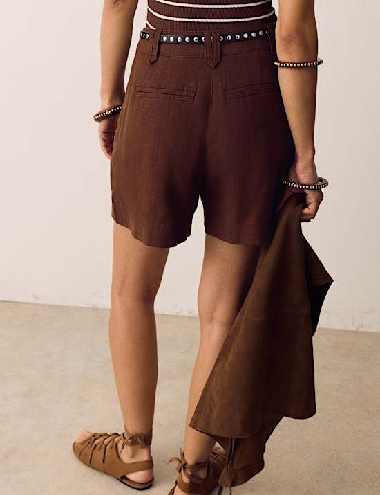 Linen Blend High Waisted Pleat Front Shorts
