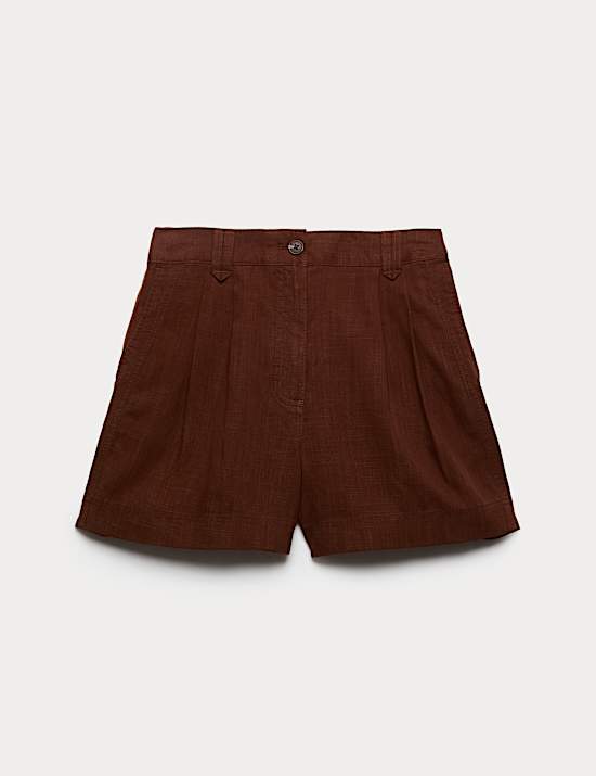 Linen Blend High Waisted Pleat Front Shorts
