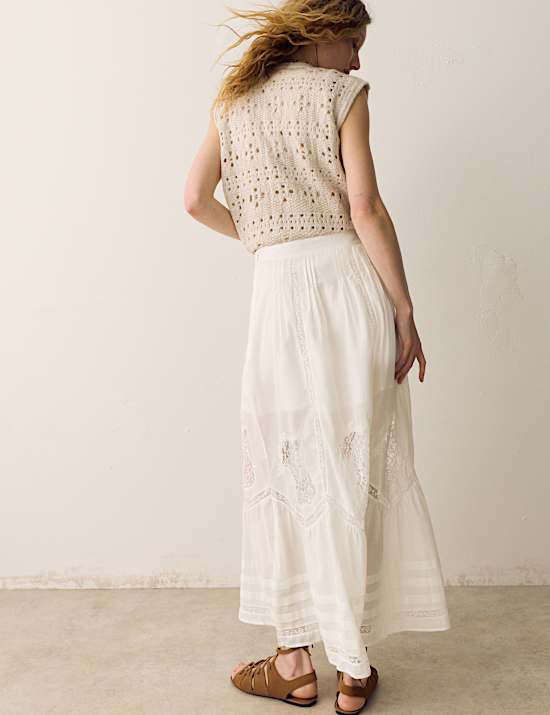 Pure Cotton Pintuck Lace Maxi A-Line Skirt
