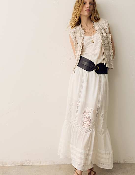 Pure Cotton Pintuck Lace Maxi A-Line Skirt