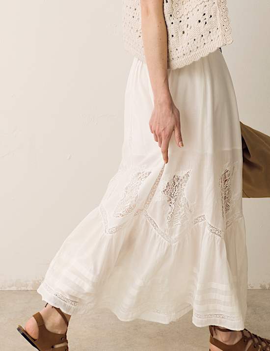 Pure Cotton Pintuck Lace Maxi A-Line Skirt