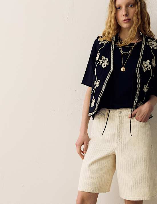 Cotton Rich Denim Striped Bermuda Shorts