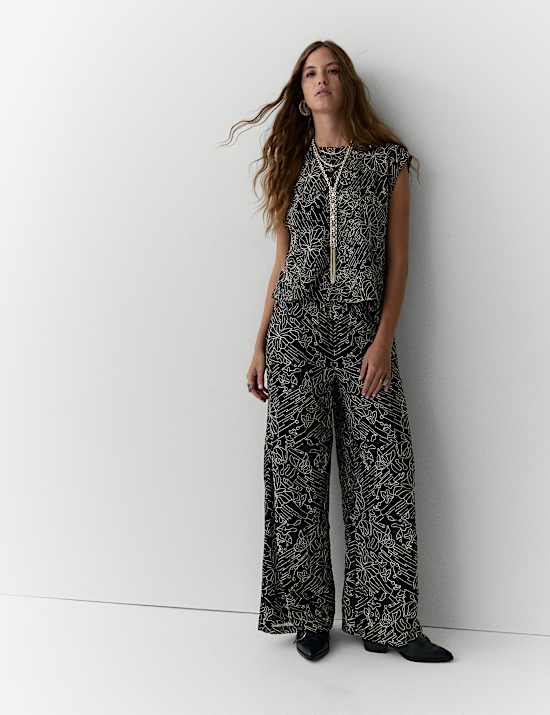 Embroidered Metallic Wide Leg Trousers
