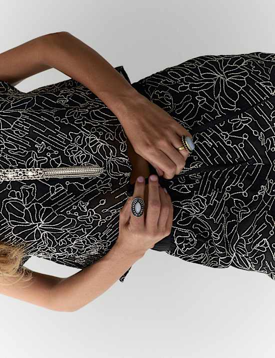 Embroidered Metallic Wide Leg Trousers