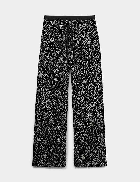 Embroidered Metallic Wide Leg Trousers