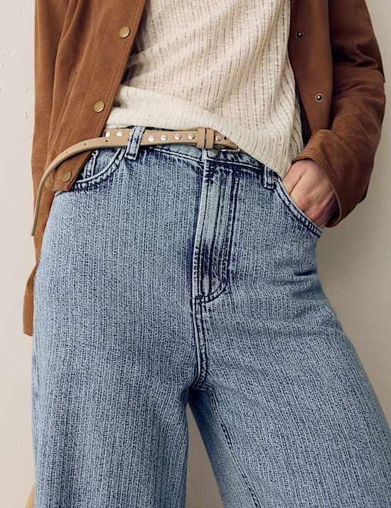 High Waisted Striped Wide Leg Turn Up Jeans