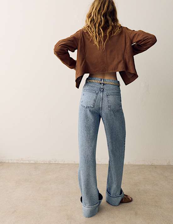 High Waisted Striped Wide Leg Turn Up Jeans