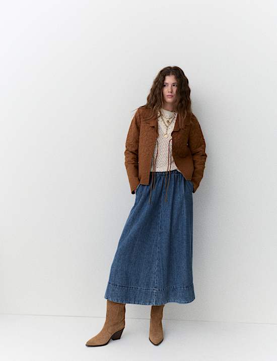 Lyocell Blend Denim Midi Skirt