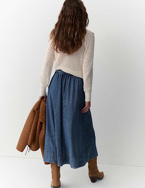Lyocell Blend Denim Midi Skirt