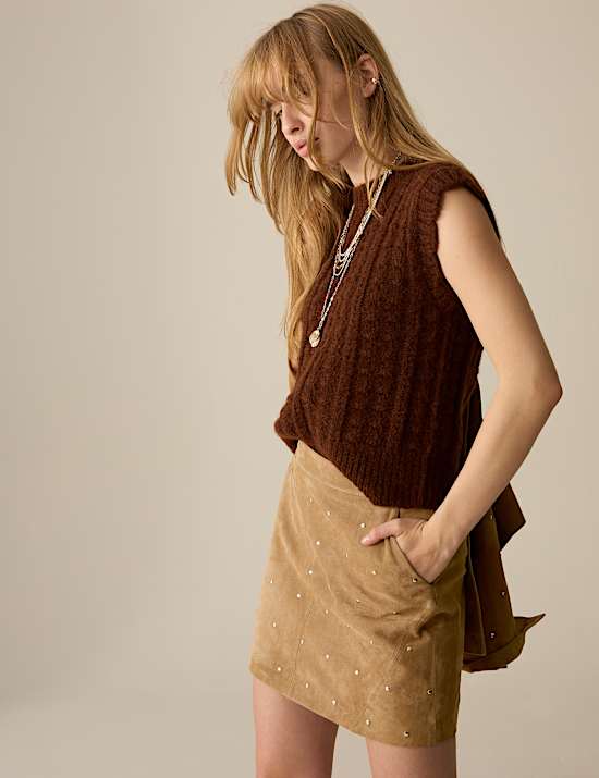 Suede Embellished Studded Mini Skirt