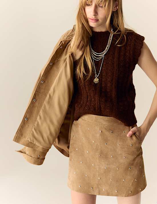 Suede Embellished Studded Mini Skirt