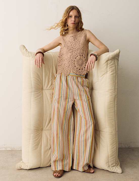 Pure Cotton Striped Wide Leg Trousers