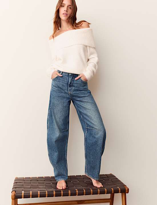 High Waisted Curved Seam Barrel Leg Jeans