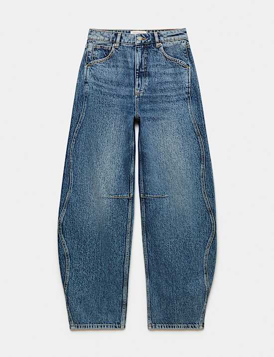 High Waisted Curved Seam Barrel Leg Jeans