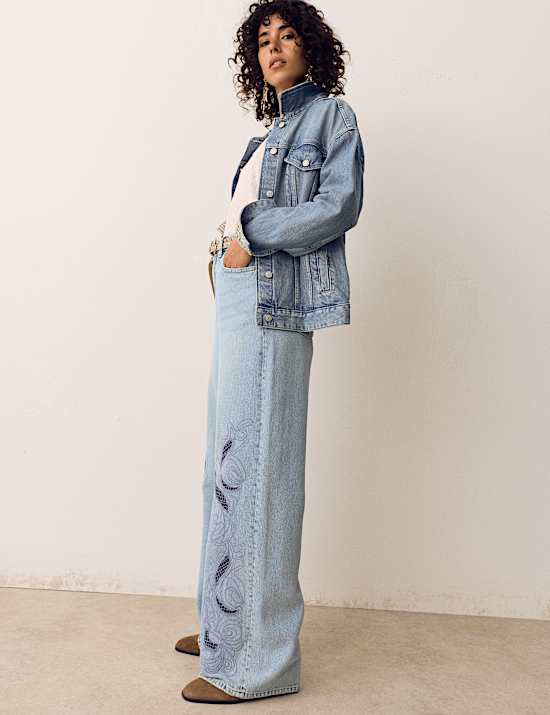 Pure Cotton Embroidered Cutwork High Waisted Wide Leg Jeans