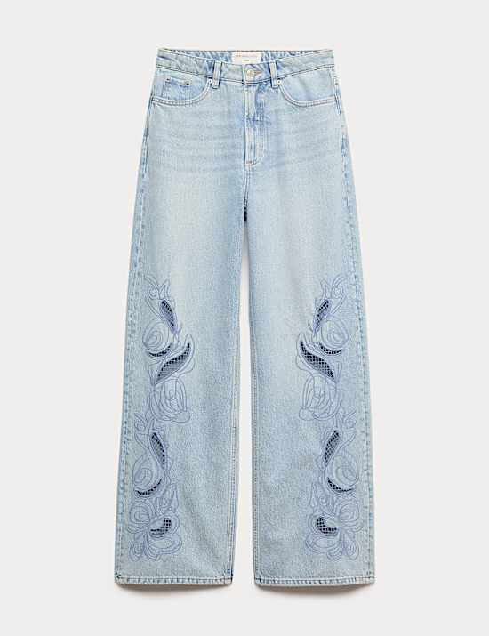 Pure Cotton Embroidered Cutwork High Waisted Wide Leg Jeans