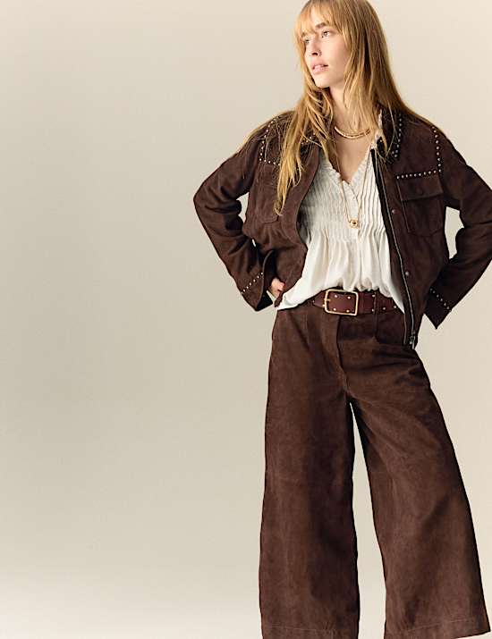 Suede Wide Leg Cropped Trousers