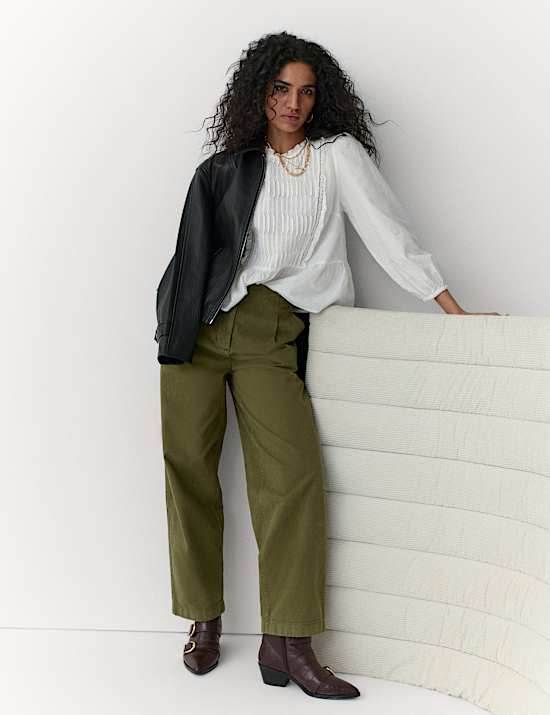 Cotton Pleat Front Barrel Leg Trousers