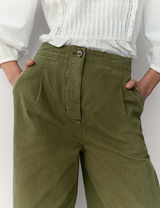 Cotton Pleat Front Barrel Leg Trousers