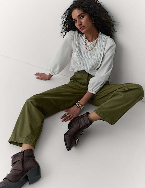 Cotton Pleat Front Barrel Leg Trousers