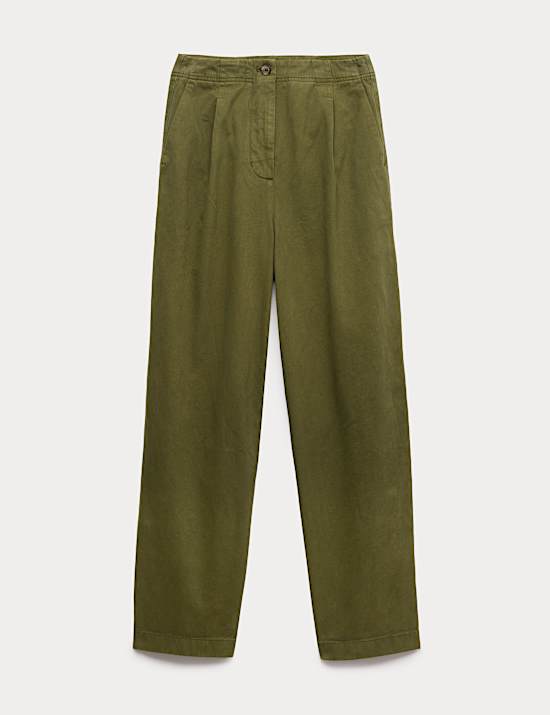 Cotton Pleat Front Barrel Leg Trousers