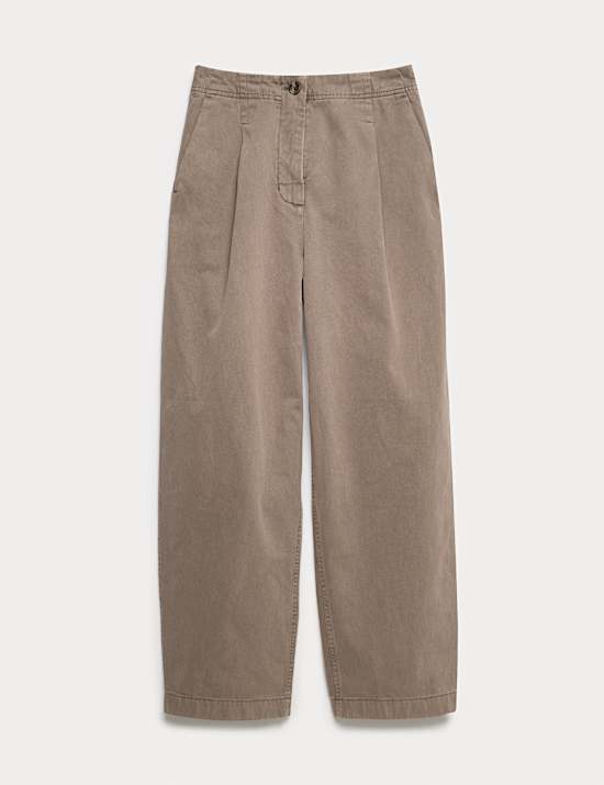 Cotton Pleat Front Barrel Leg Trousers