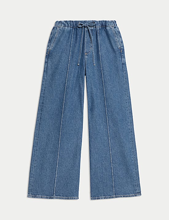 Lyocell Blend Pintuck Wide Leg Jeans
