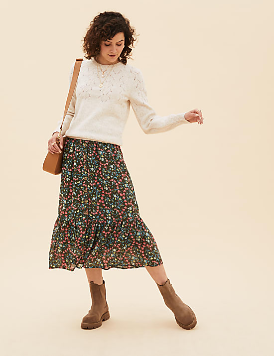 Printed Button Front Midaxi A-Line Skirt