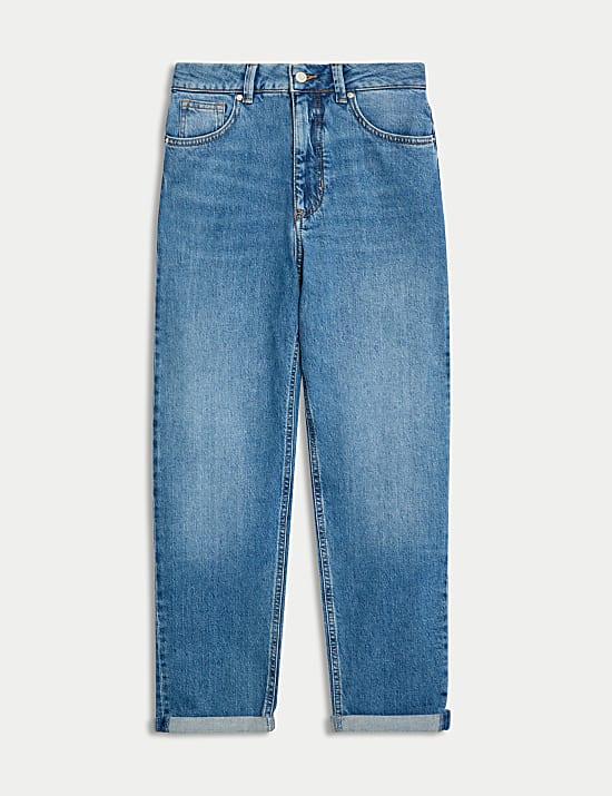 Girlfriend-jeans met halfhoge taille, omslag en lyocell