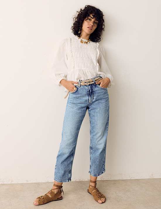 Girlfriend Mid Rise Turn Up Jeans with Lyocell