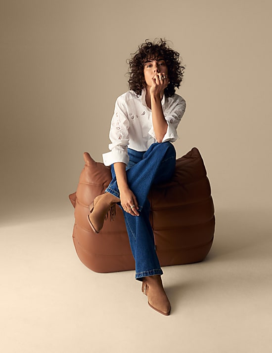 Jeans Kaki Lebar Berpinggang Tinggi Campuran Lyocell