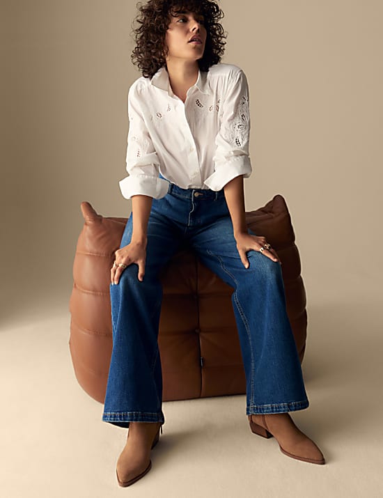 Jeans Kaki Lebar Berpinggang Tinggi Campuran Lyocell