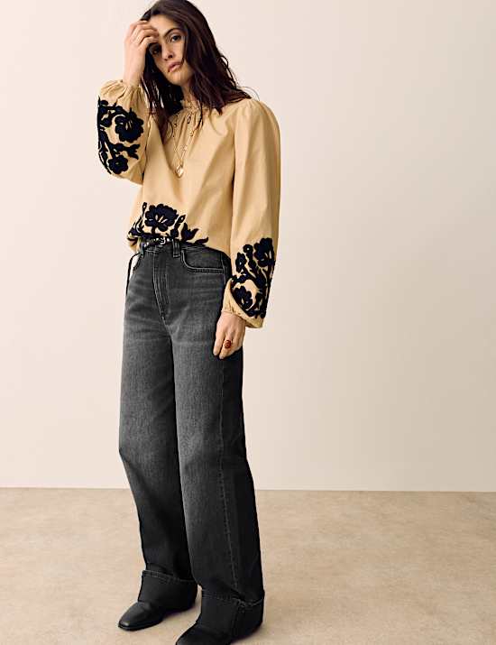 High Waisted Straight Leg Turn Up Jeans